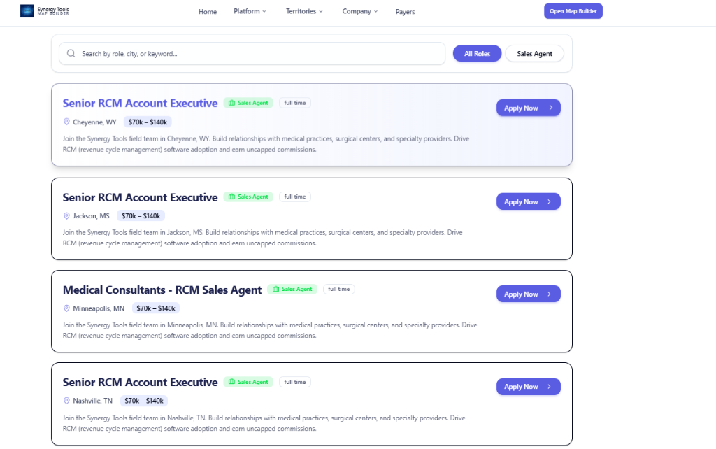 Synergy Tools built-in jobs board showing Sales Agent positions with search filters and Apply Now buttons